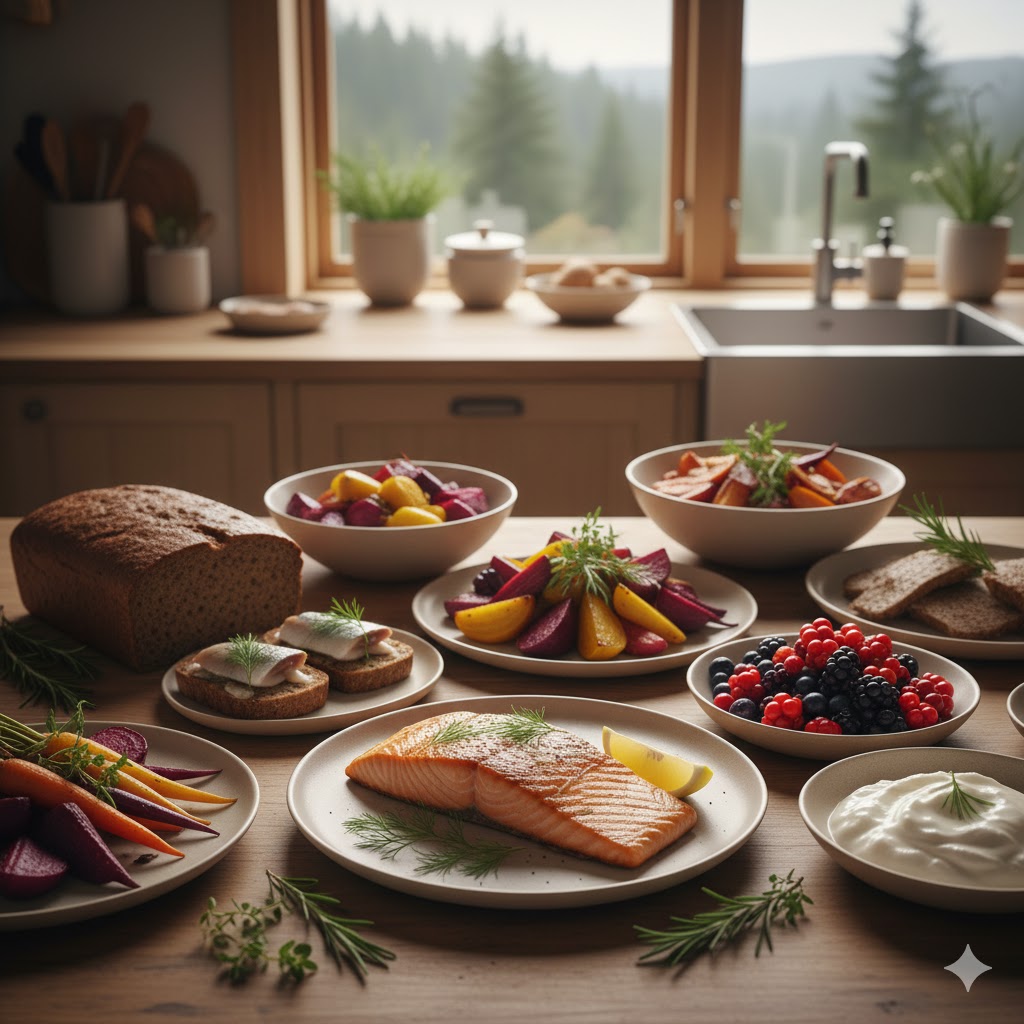 Platos nórdicos con pescado, pan de centeno, raíces y bayas