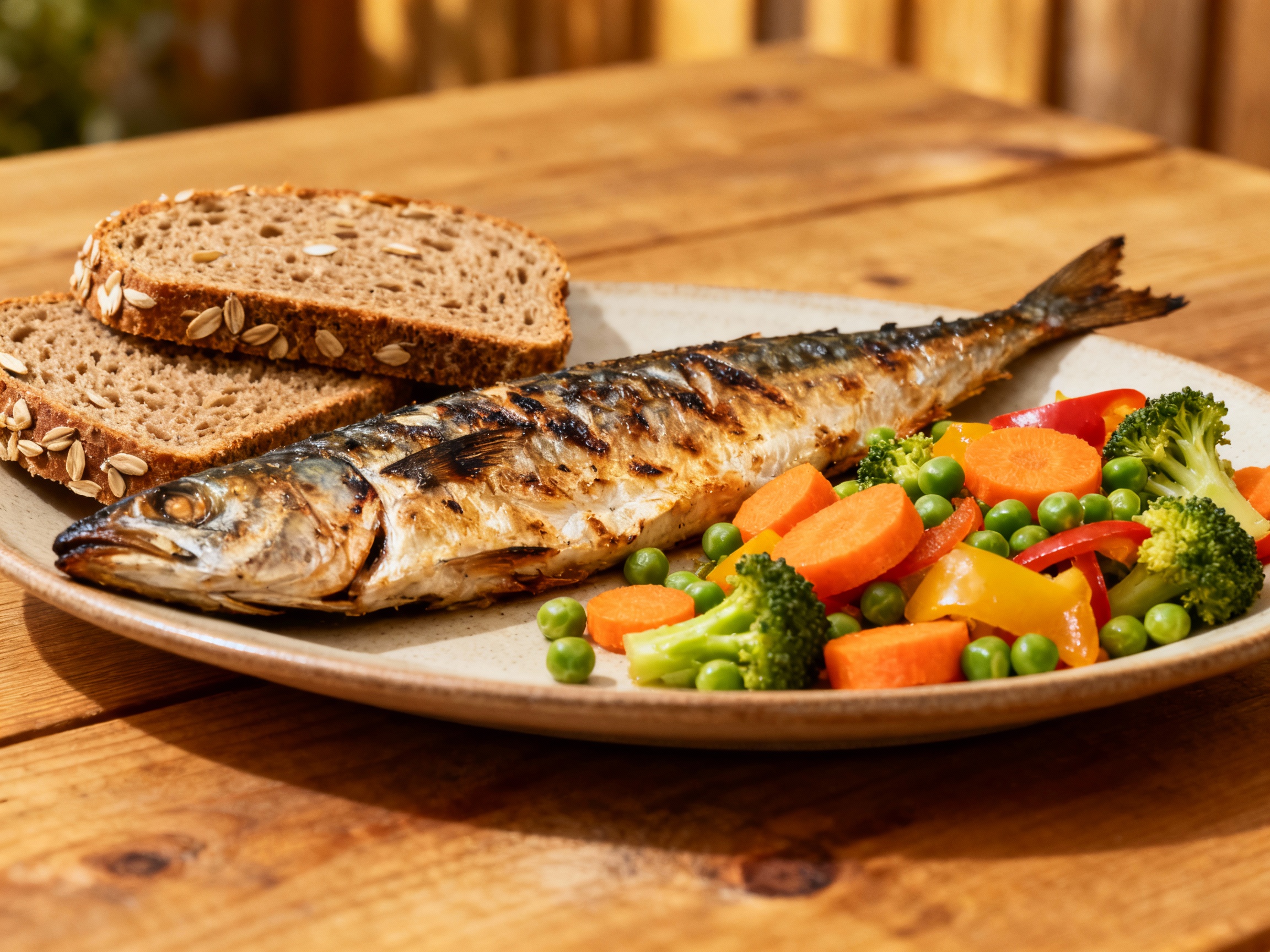 Comida típica de la dieta nórdica con pescado, pan de centeno y verduras