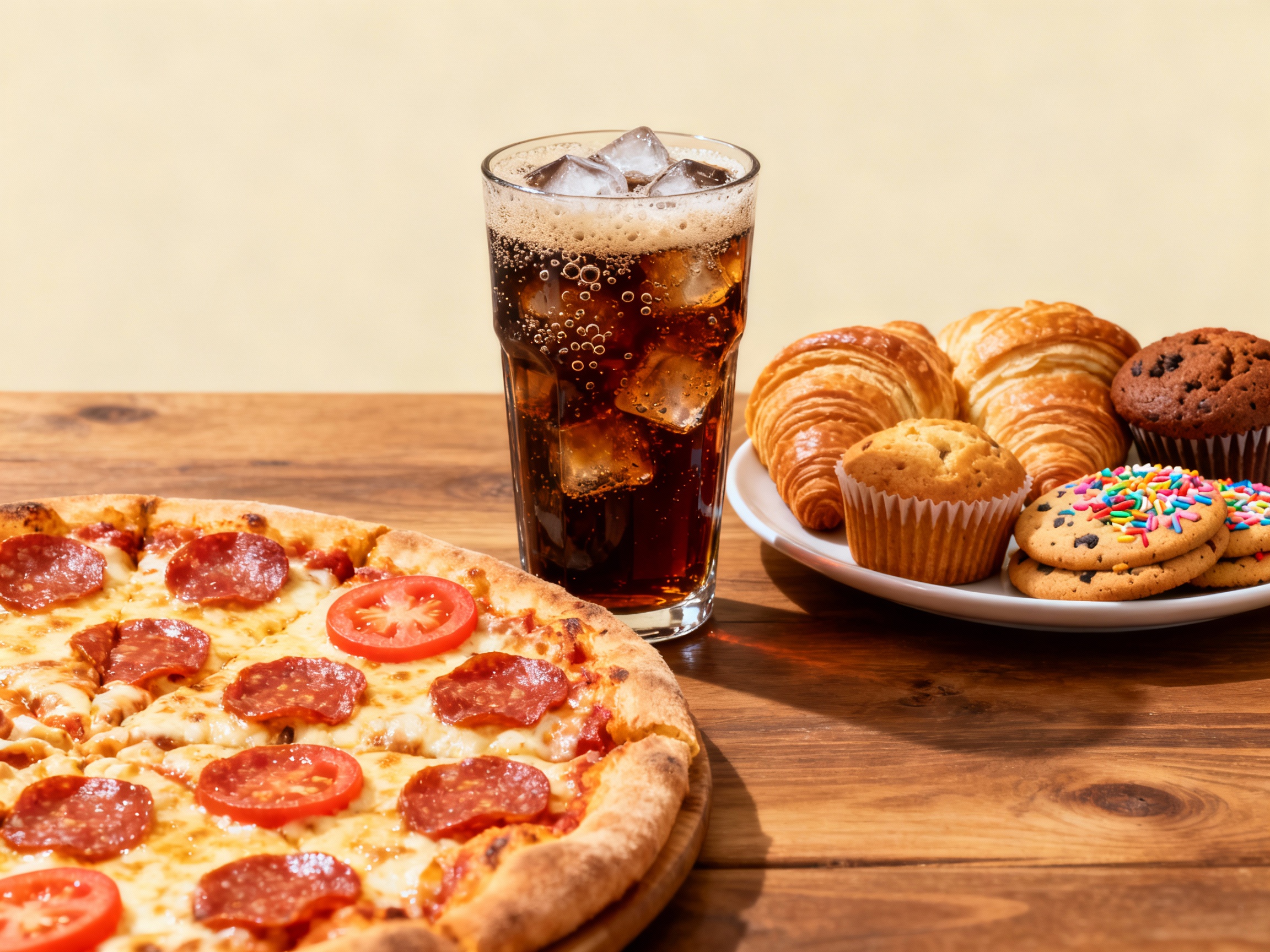 Ejemplos de platos de dieta occidental con pizza, refrescos y bollería