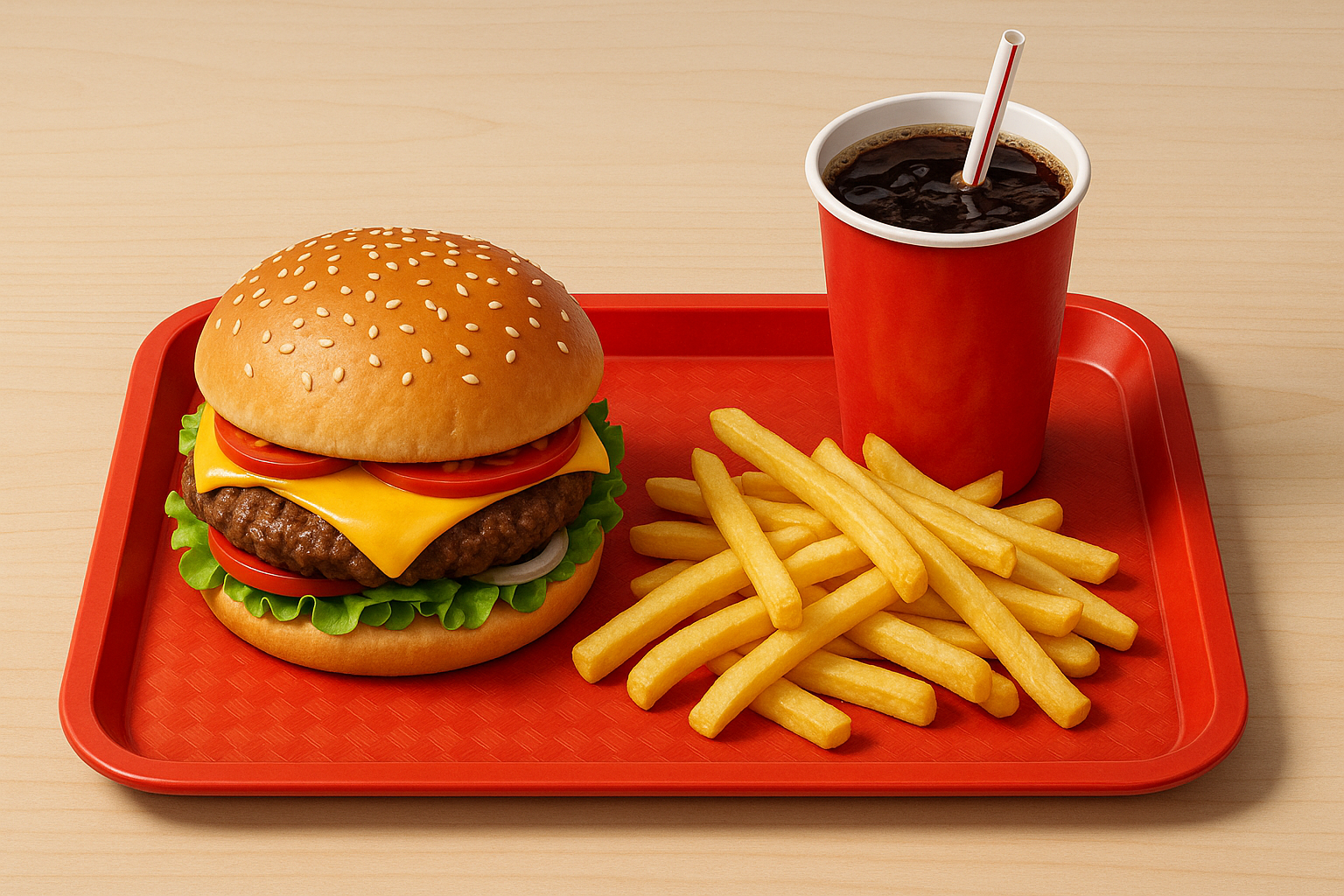 Comida típica de la dieta occidental con hamburguesa, refresco y patatas fritas