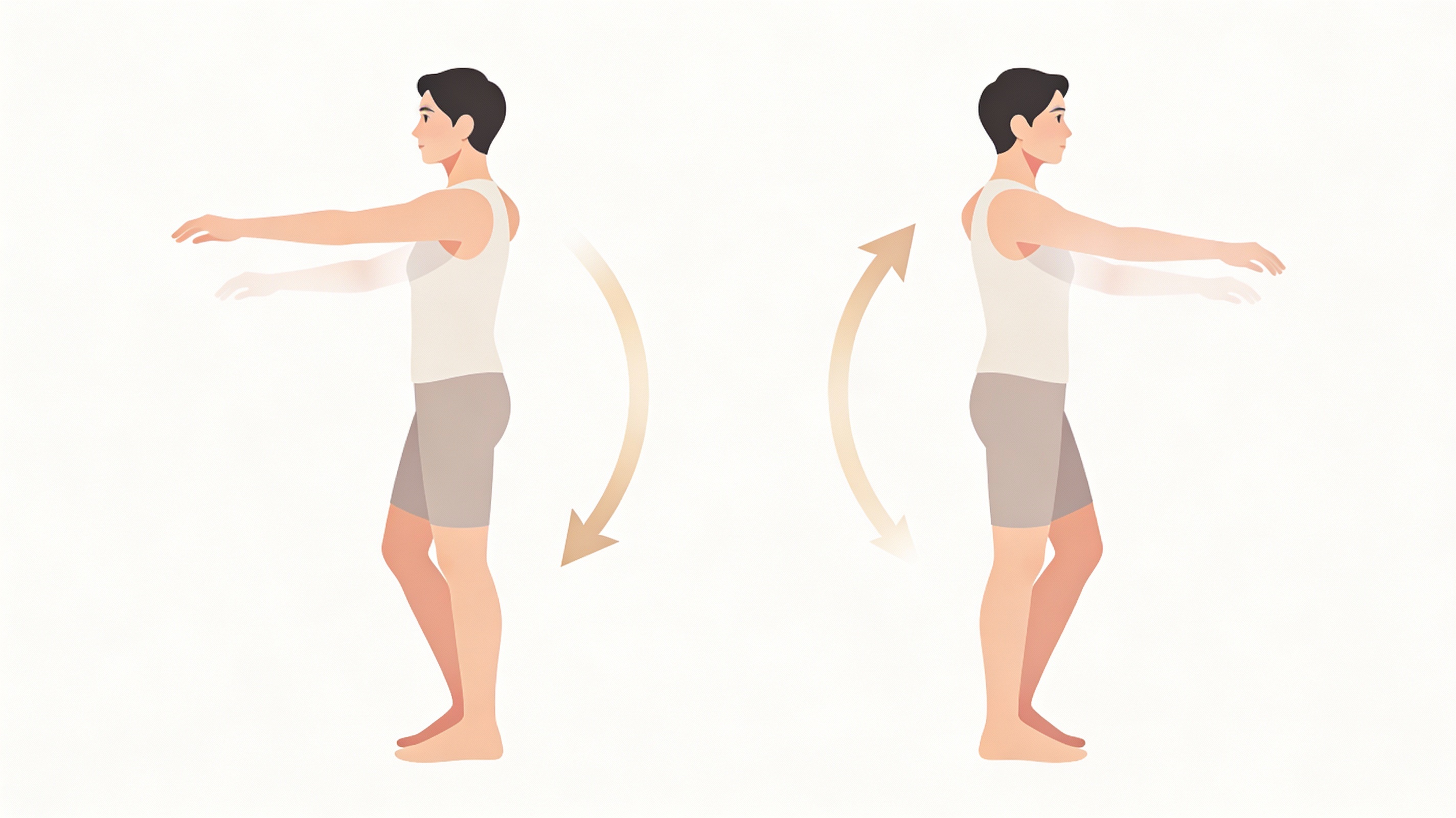 Secuencia técnica del balanceo de brazos: posición inicial, balanceo hacia adelante y hacia atrás