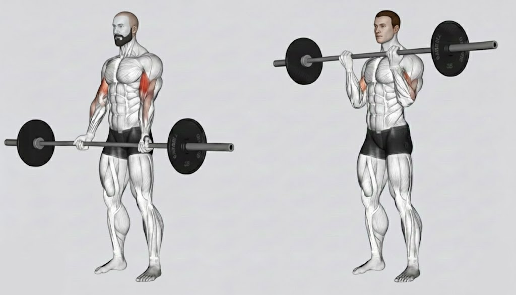 Secuencia técnica completa del curl de bíceps: posición inicial, contracción máxima y control excéntrico