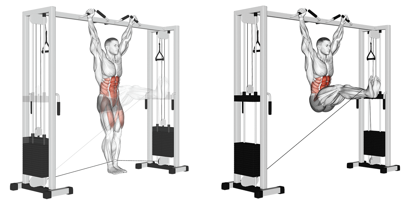 Secuencia técnica completa de elevación de piernas: posición colgada, elevación controlada y retorno excéntrico