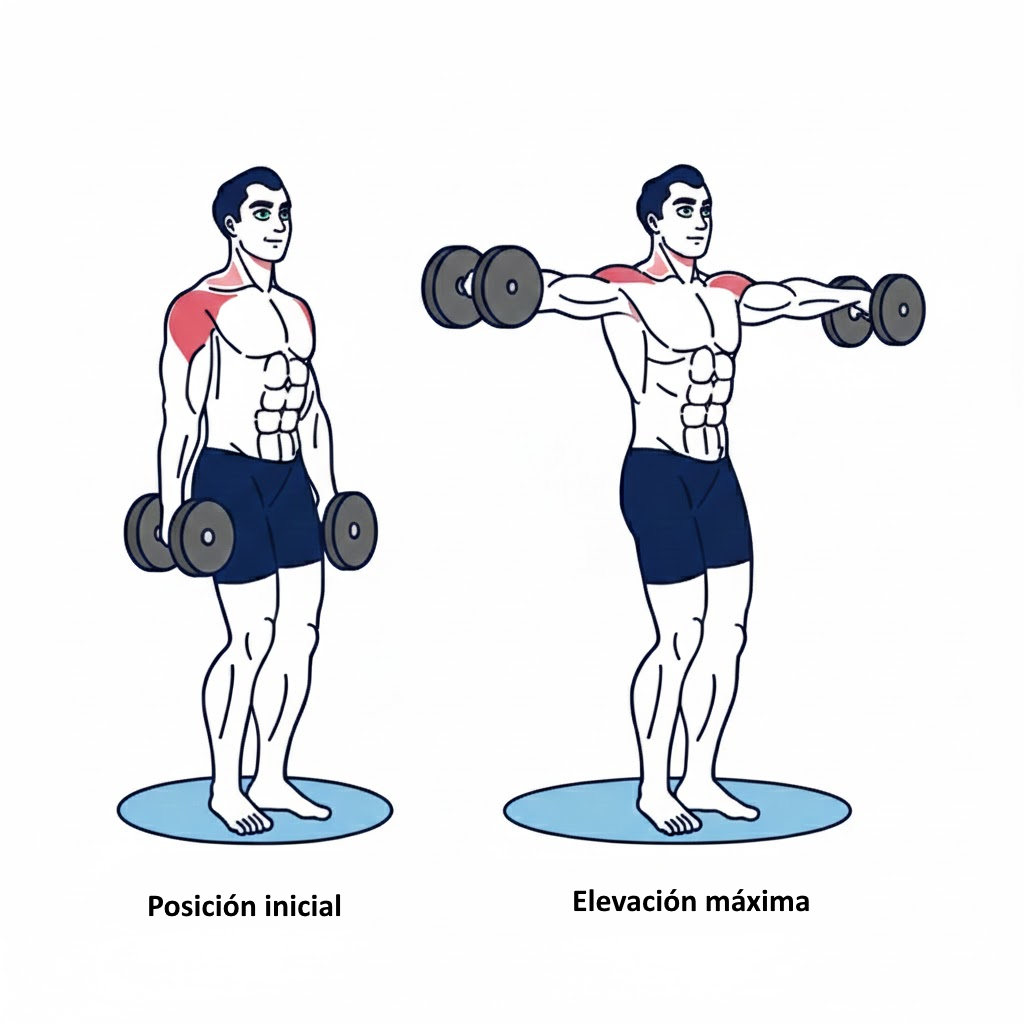 Secuencia técnica de elevaciones laterales con mancuernas desde la posición inicial hasta la paralela