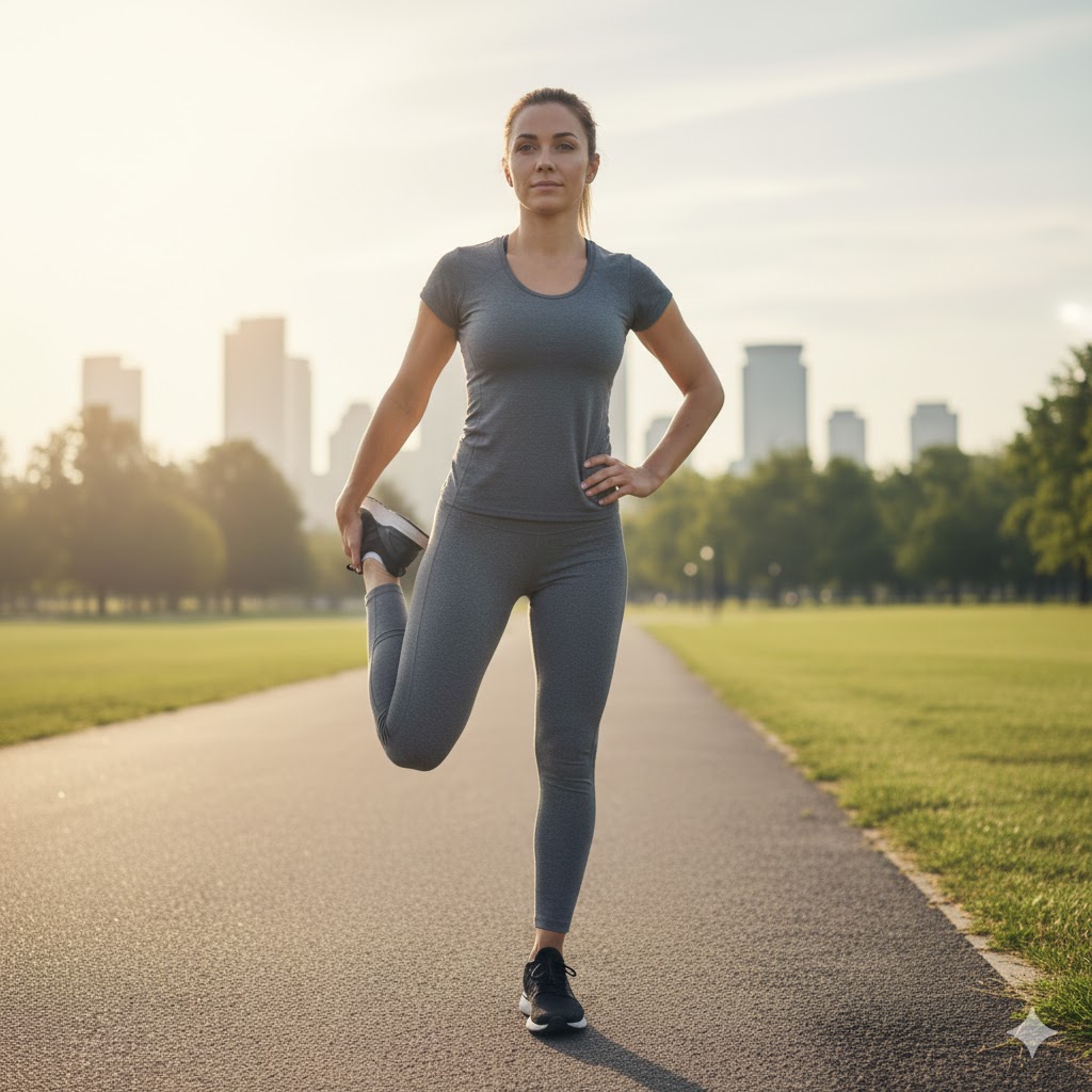 Persona realizando estiramiento de cuádriceps de pie sujetando el tobillo hacia atrás