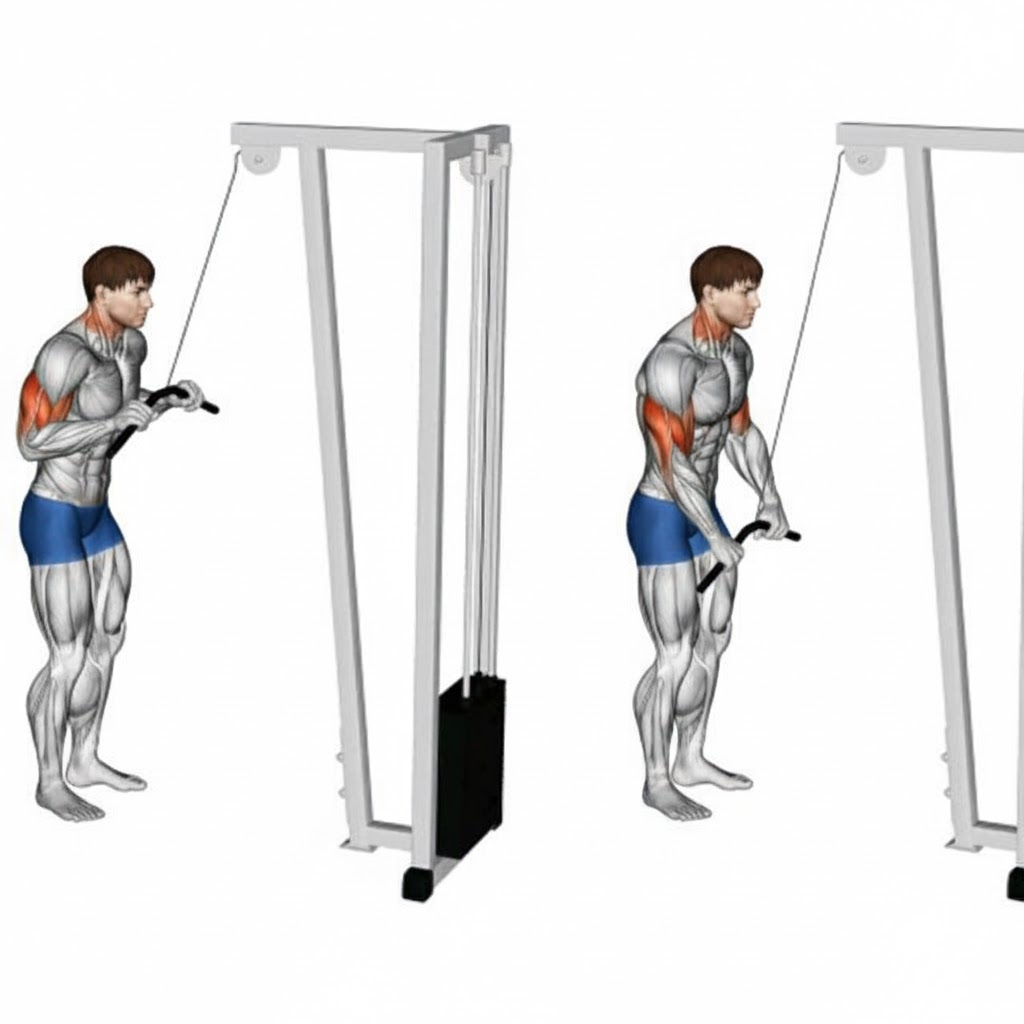 Secuencia técnica completa de extensión de tríceps en polea: posición inicial y extensión completa