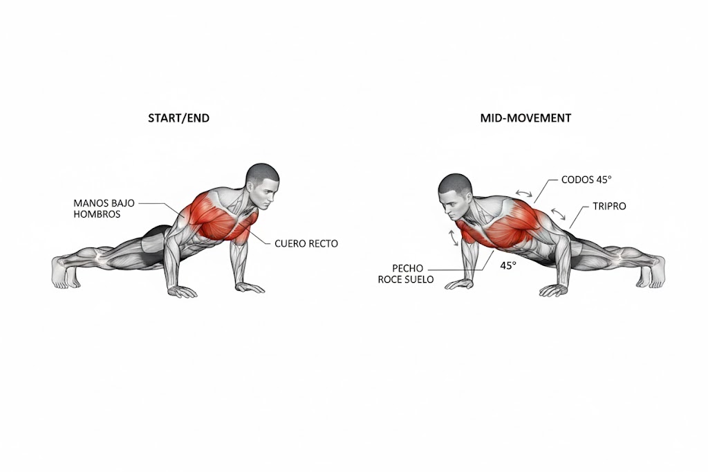 Secuencia técnica completa de flexiones en suelo: posición de plancha, bajada controlada al suelo y extensión explosiva