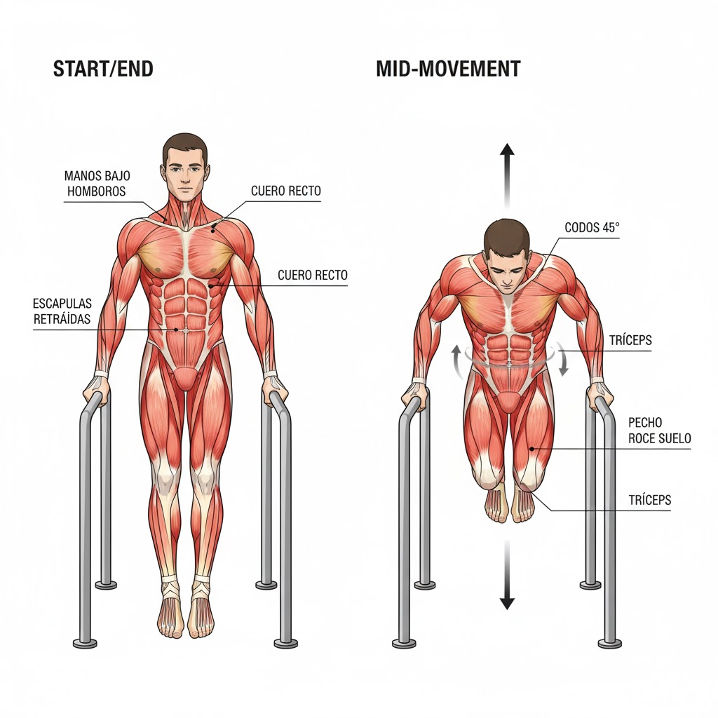 Secuencia técnica completa de fondos en paralelas: posición inicial, bajada controlada y empuje hacia arriba