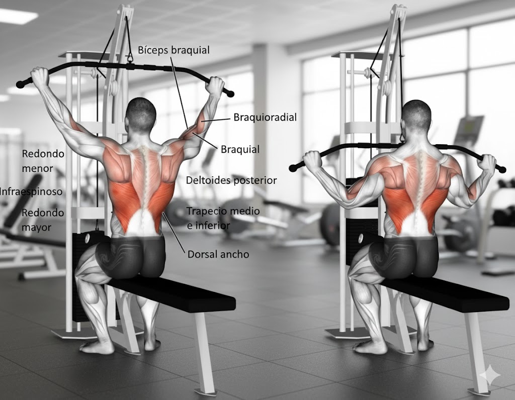 Secuencia técnica del jalón en polea: colocación, tirón al pecho y retorno controlado