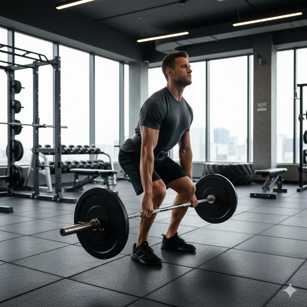Persona realizando peso muerto con barra