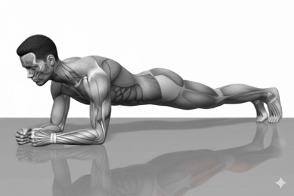 Secuencia técnica de la plancha frontal desde la posición de tumbado hasta la alineación completa del cuerpo