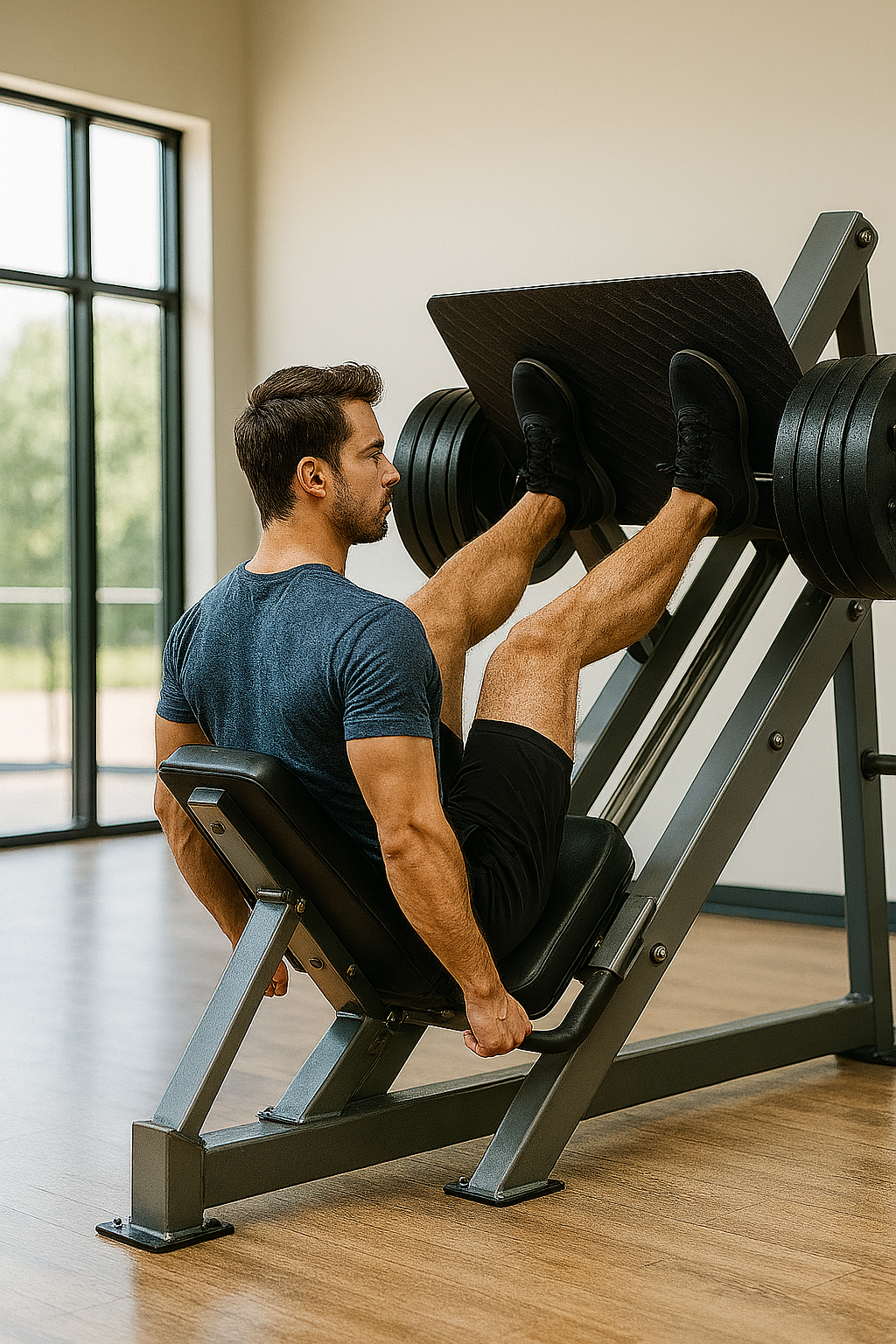 Persona realizando prensa de piernas en máquina