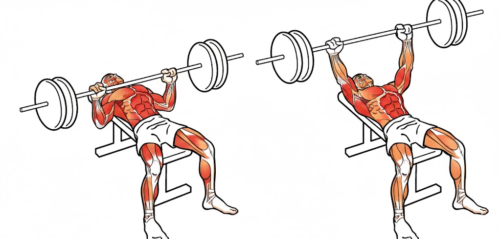 Secuencia técnica completa del press de banca: posición inicial en rack, bajada controlada al pecho y extensión explosiva