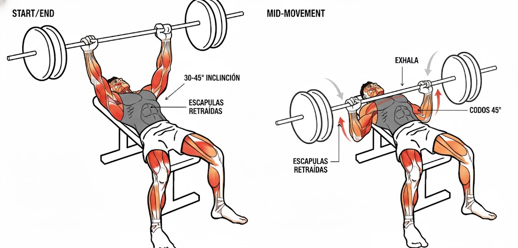 Secuencia técnica del press inclinado desde la posición inicial en banco inclinado hasta la extensión completa