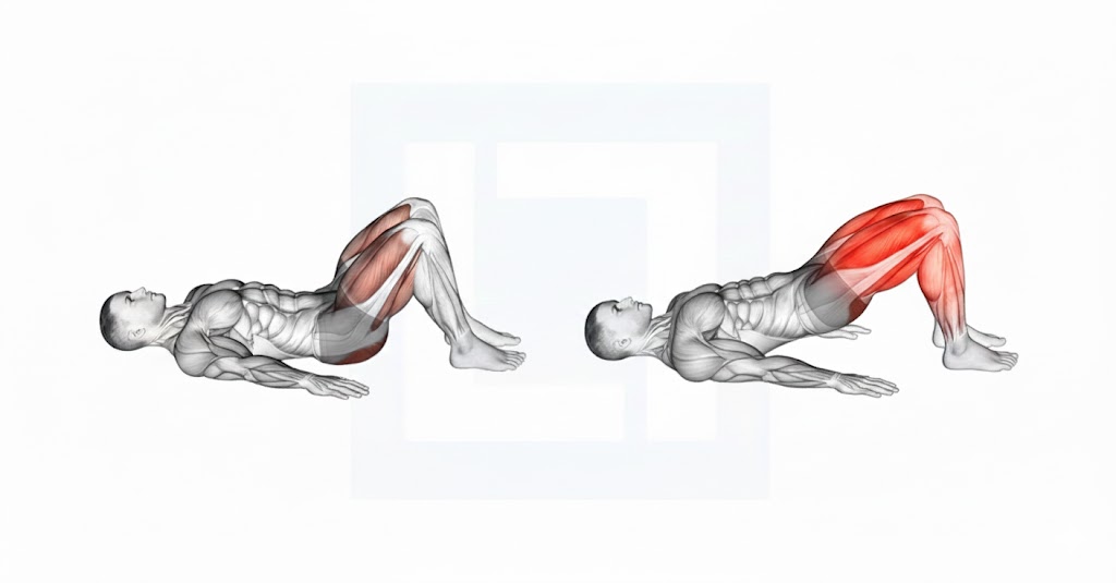 Secuencia técnica completa del puente de glúteos: posición inicial en suelo, elevación máxima y retorno controlado