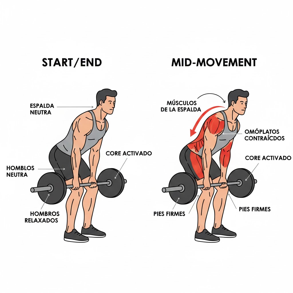 Secuencia técnica completa del remo con barra desde la posición inclinada hasta la contracción máxima