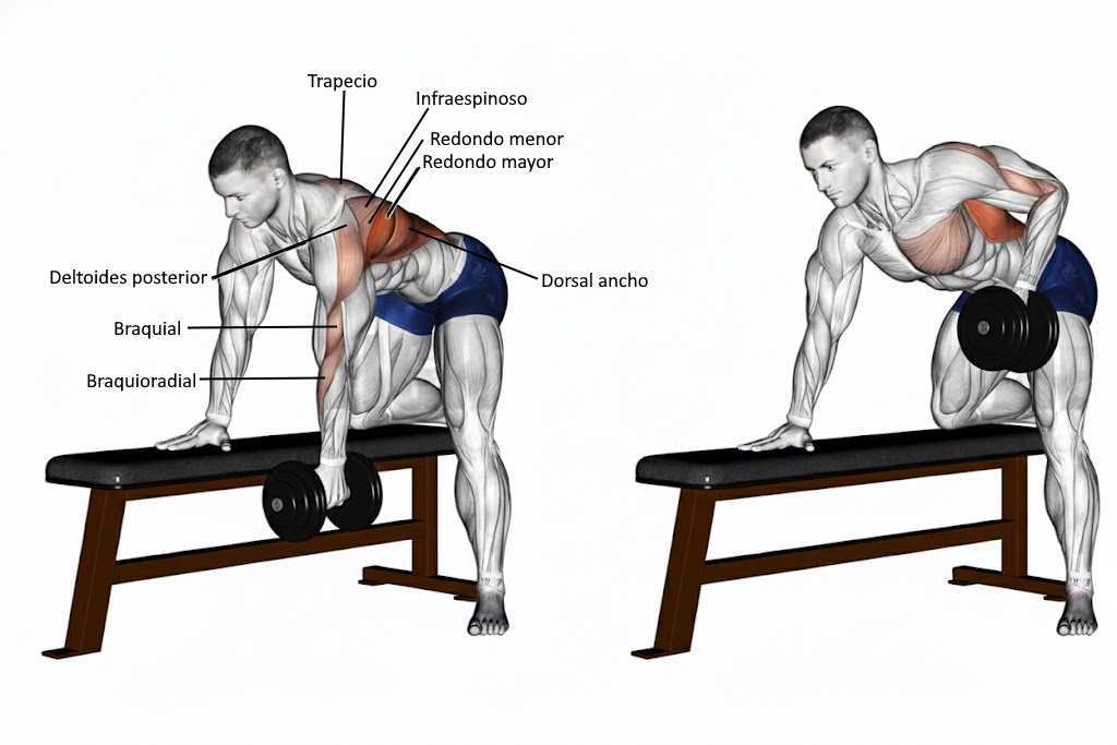 Secuencia técnica del remo con mancuerna desde posición de apoyo hasta contracción máxima