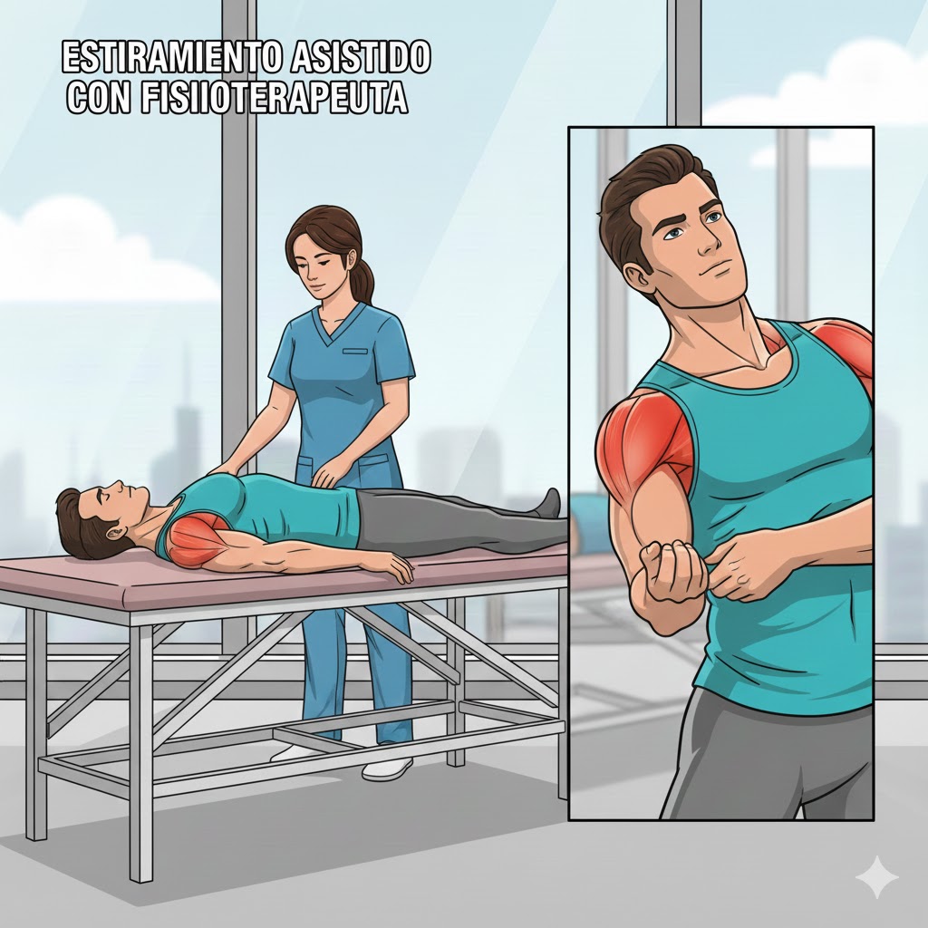 Estiramiento asistido del hombro con fisioterapeuta