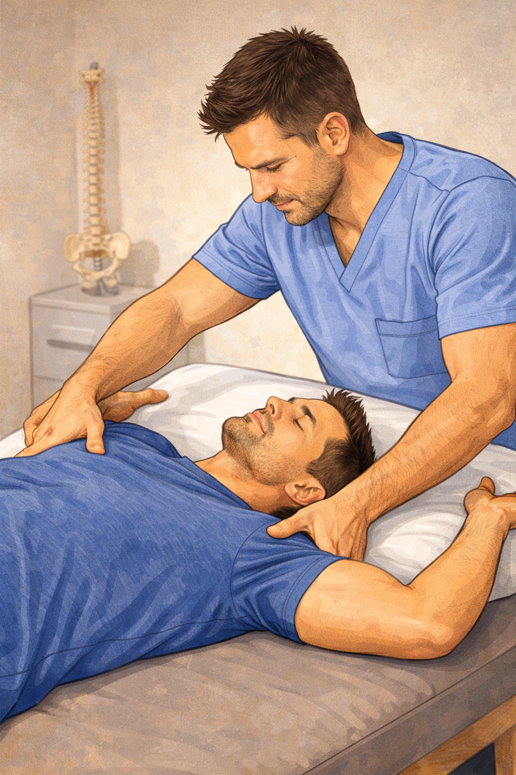 Estiramiento asistido de pectorales con fisioterapeuta