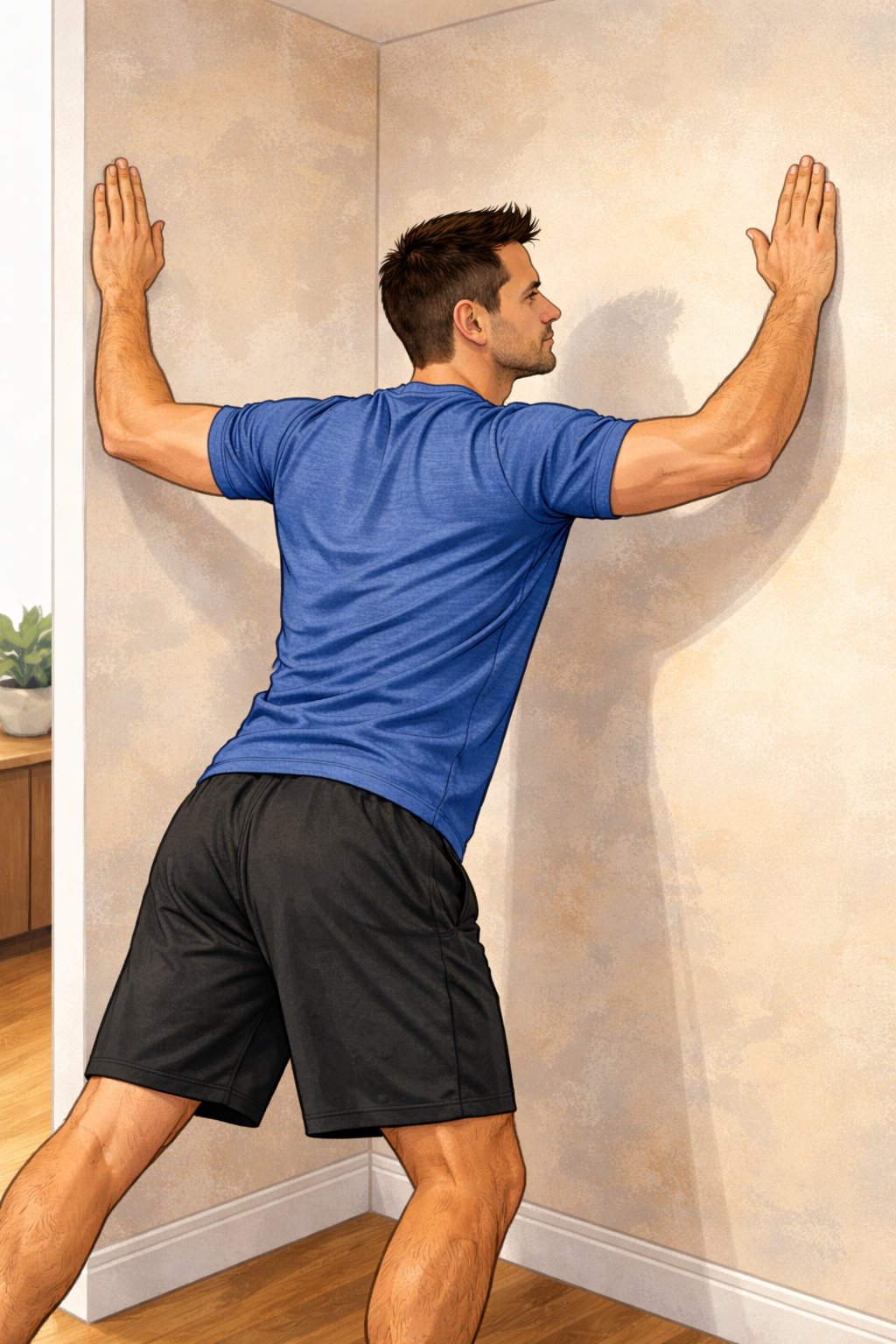 Estiramiento bilateral de pectorales apoyado en esquina con ambos antebrazos