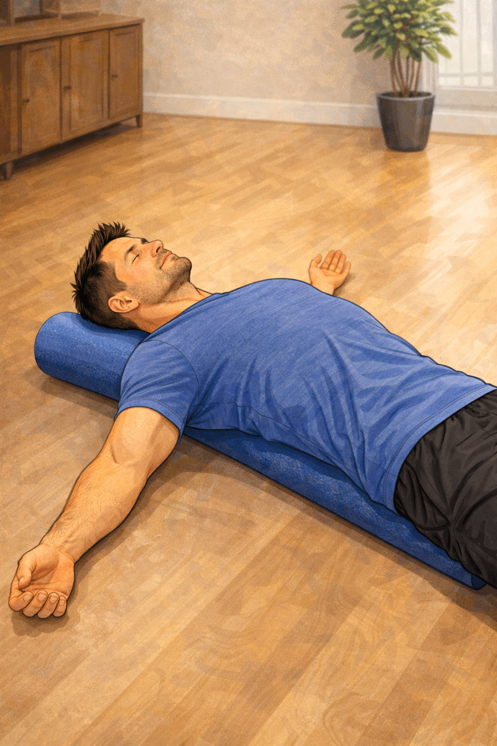 Estiramiento de pectorales sobre foam roller con brazos abiertos