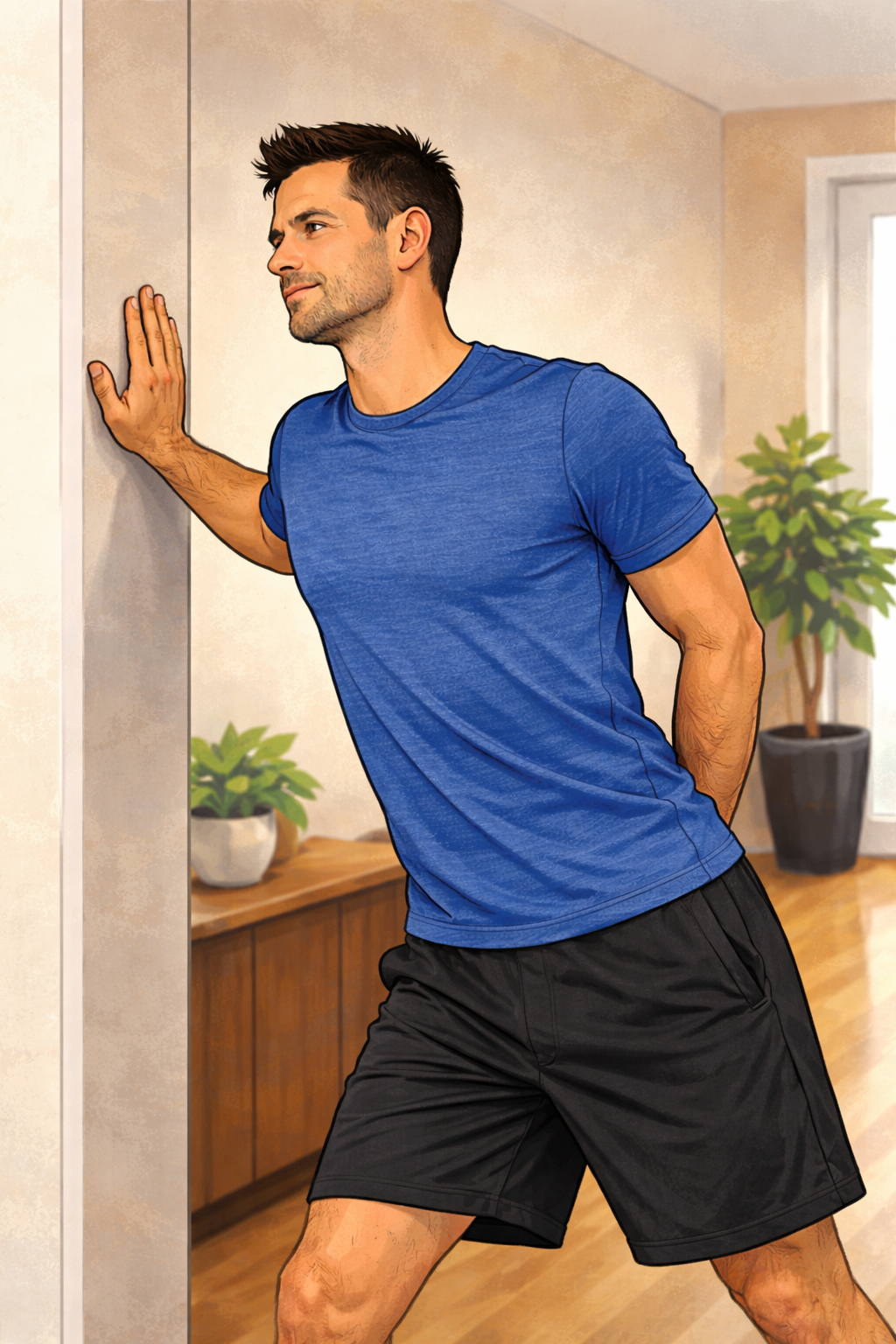 Estiramiento del pectoral menor con brazo apoyado atrás y apertura del hombro