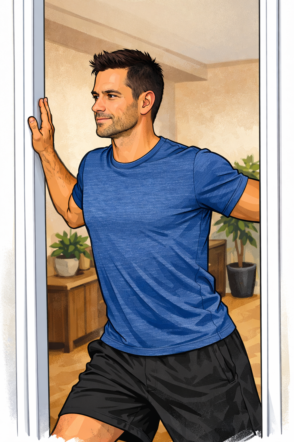 Estiramiento de pectoral mayor en marco de puerta con codo a 90 grados