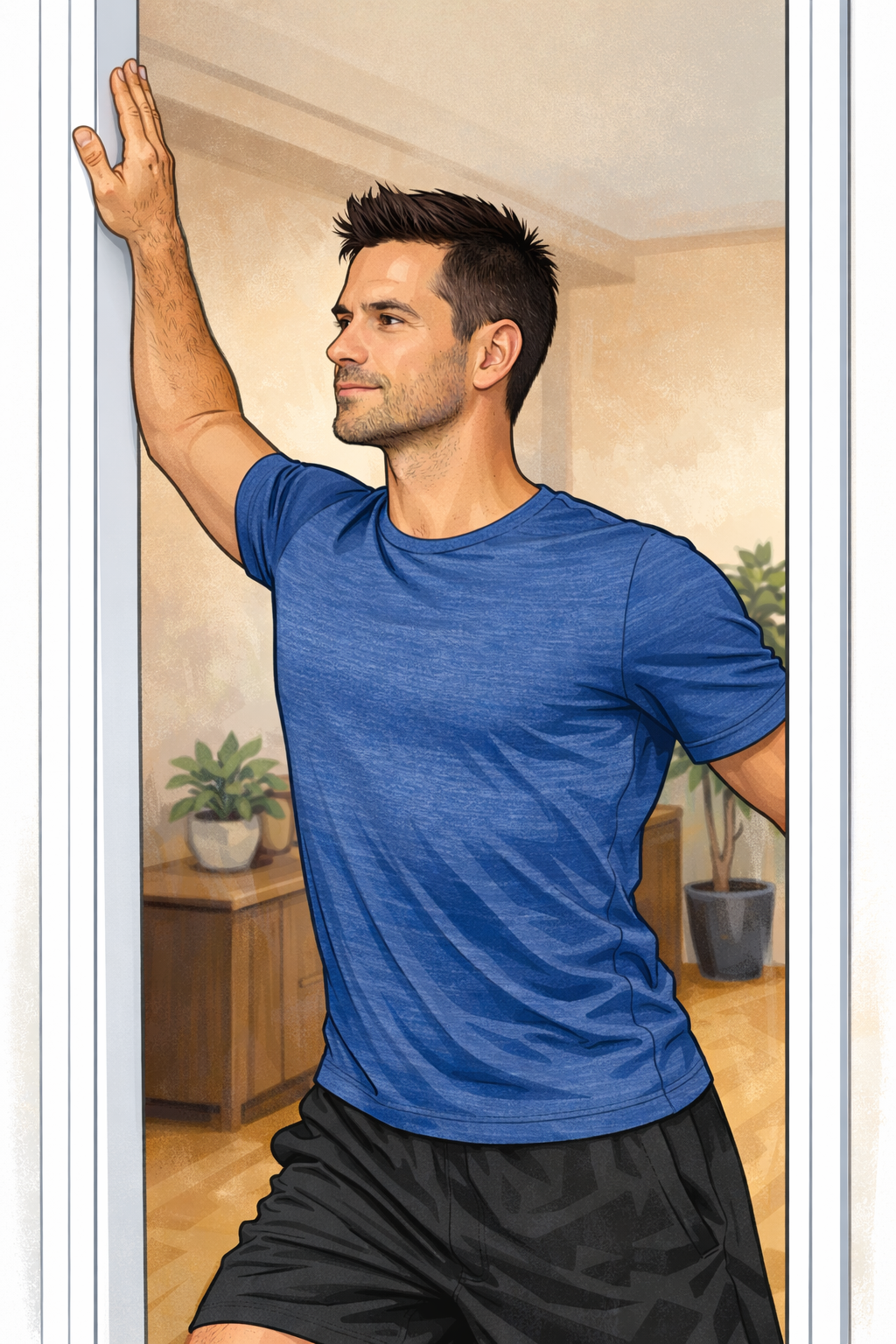 Estiramiento de pectoral mayor superior con brazo más alto en marco de puerta