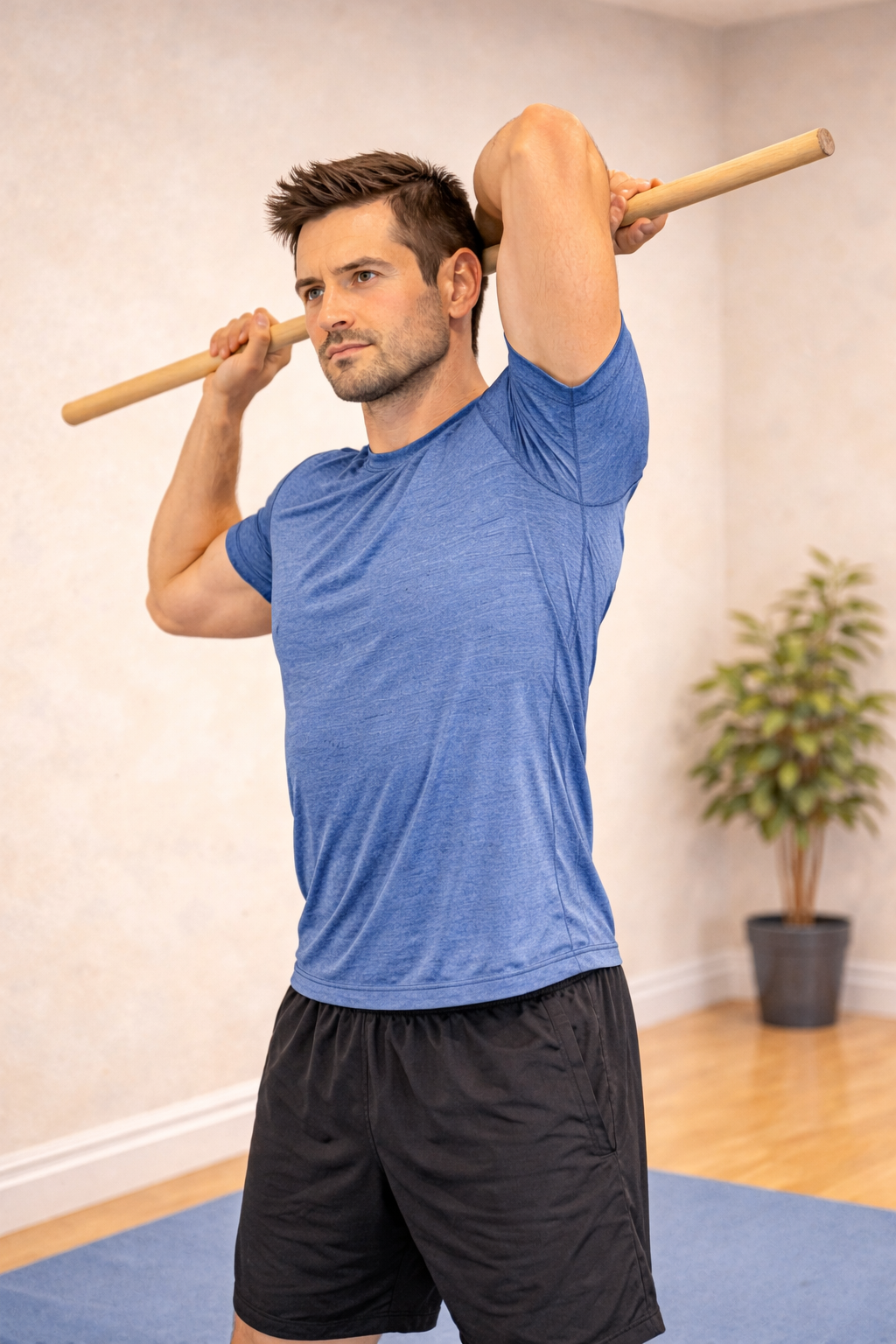 Movilidad de tríceps con bastón detrás de la cabeza