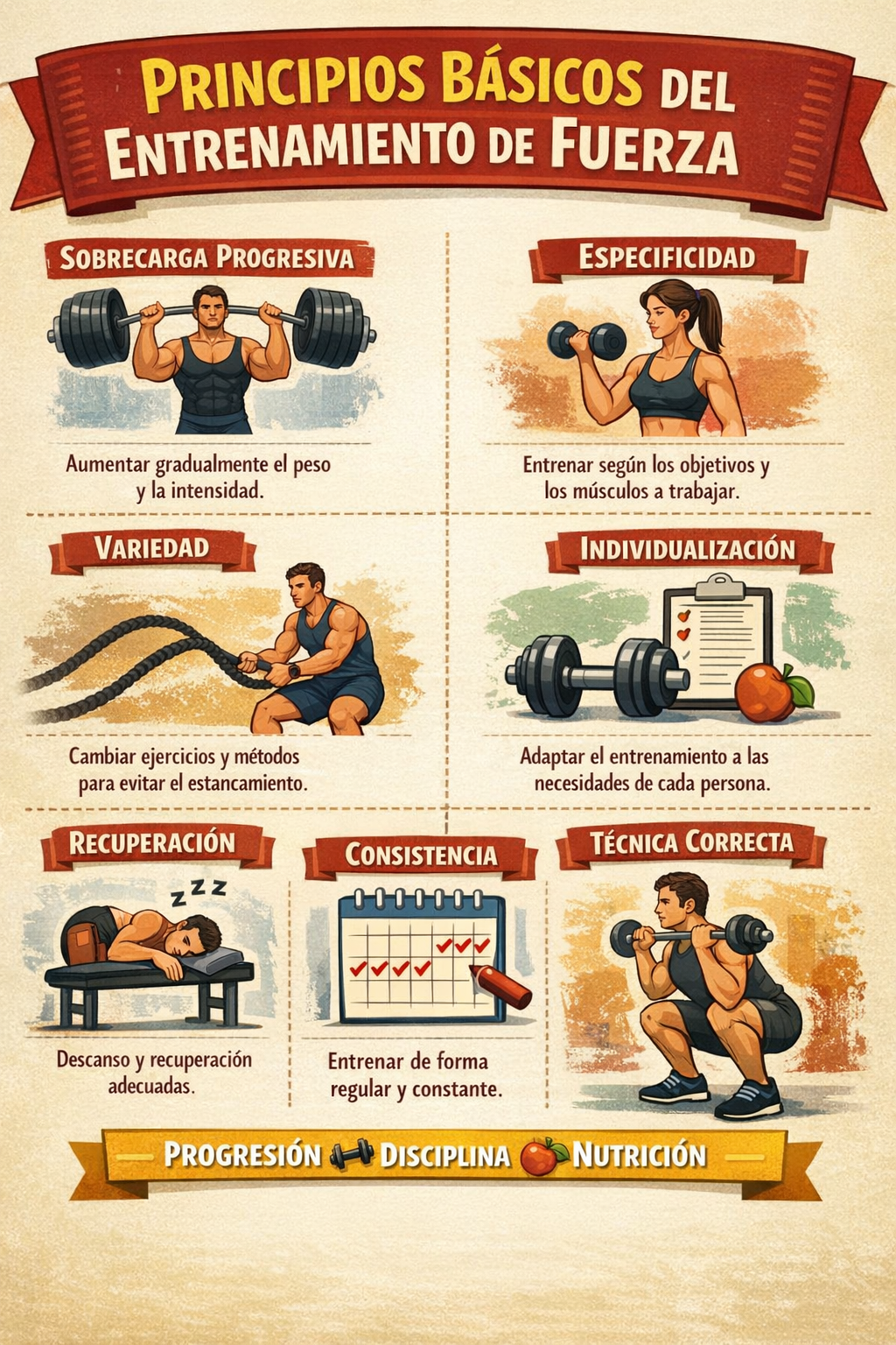 Resumen visual de los principios básicos del entrenamiento de fuerza