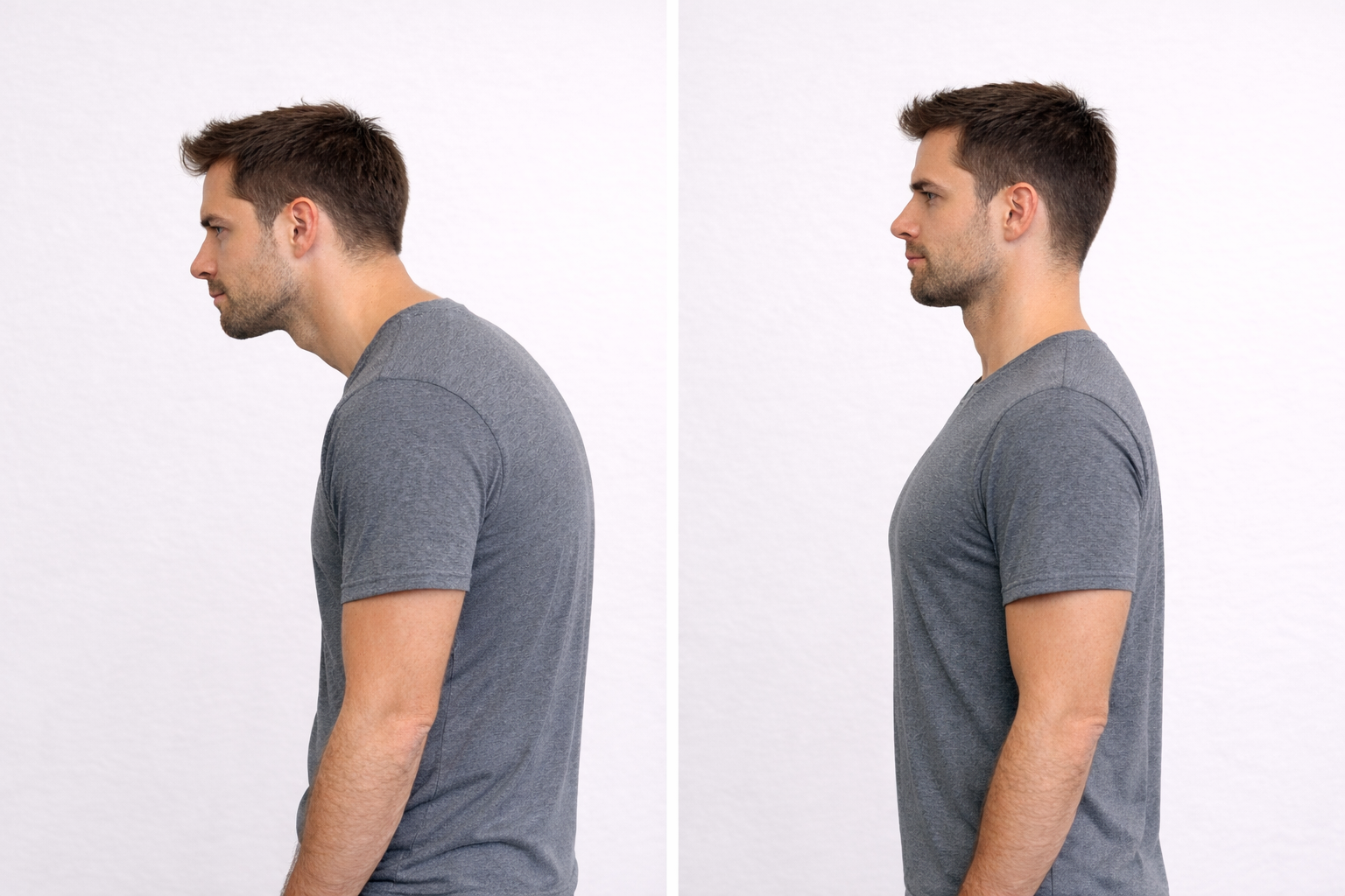 Hombros redondeados: postura con hombros adelantados frente a alineación correcta