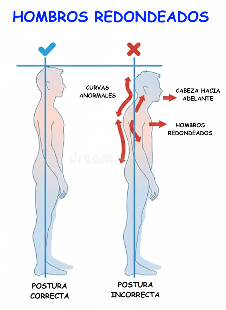Vista lateral: hombros adelantados frente a hombros alineados con el tronco