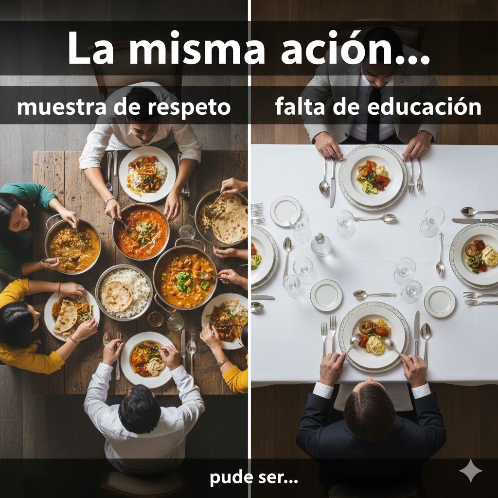 Detalle de mesas con estilos de comer diferentes según la cultura