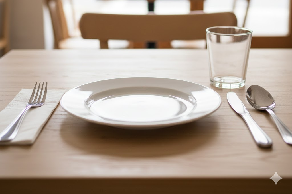 Mesa informal básica con plato, cubiertos y vaso