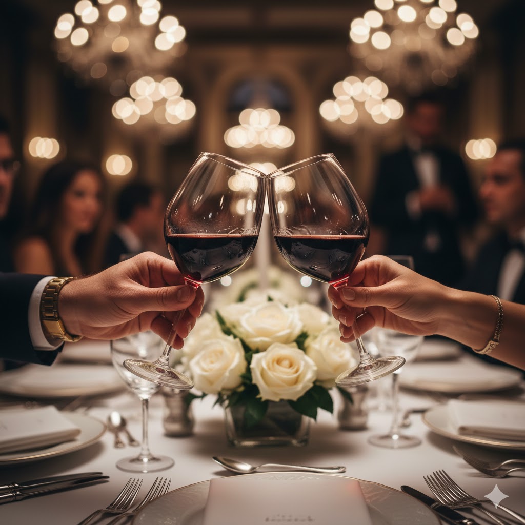 Detalle de una copa brindando en un evento social elegante