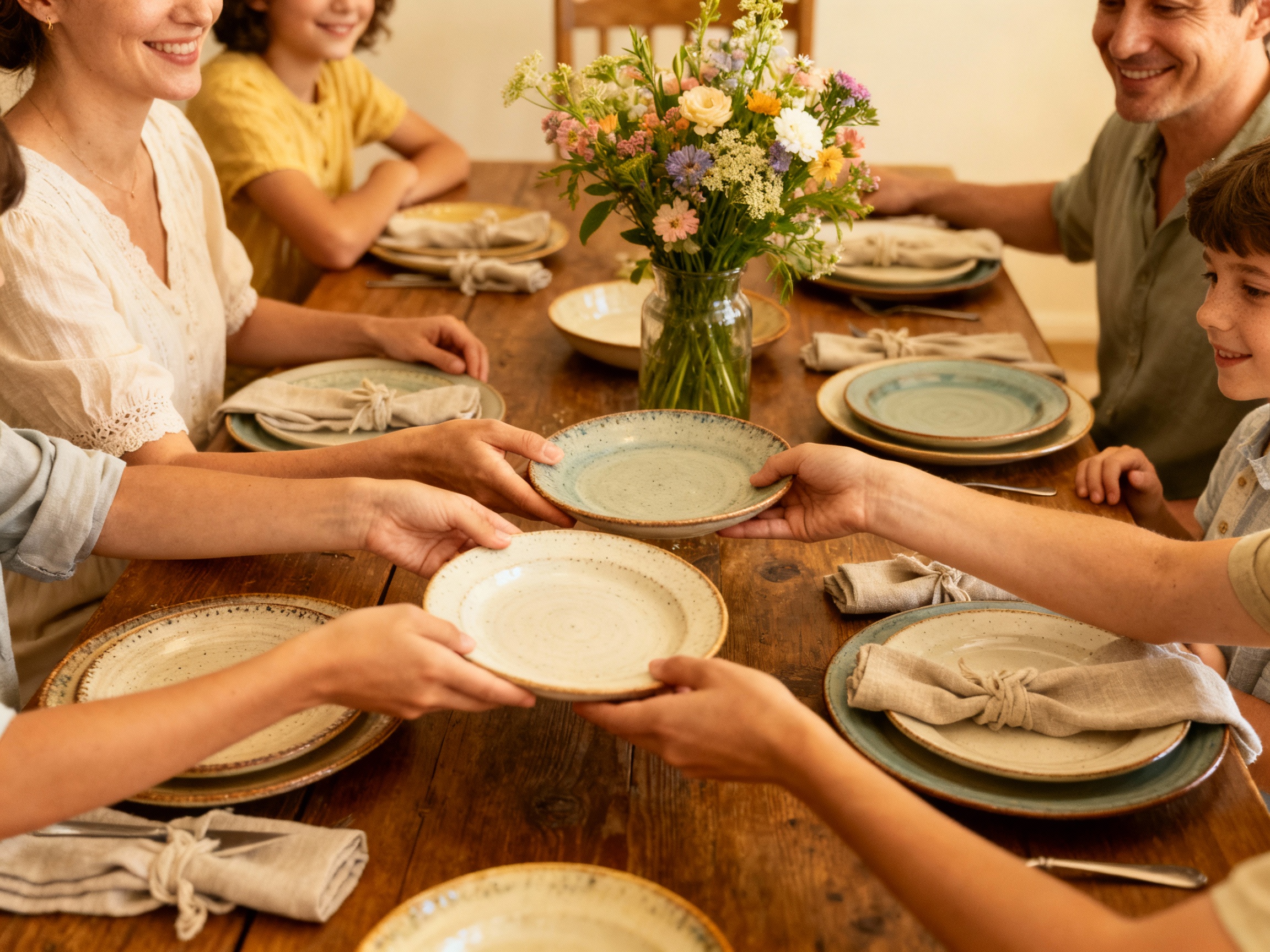Familia compartiendo una comida con buenos modales en la mesa