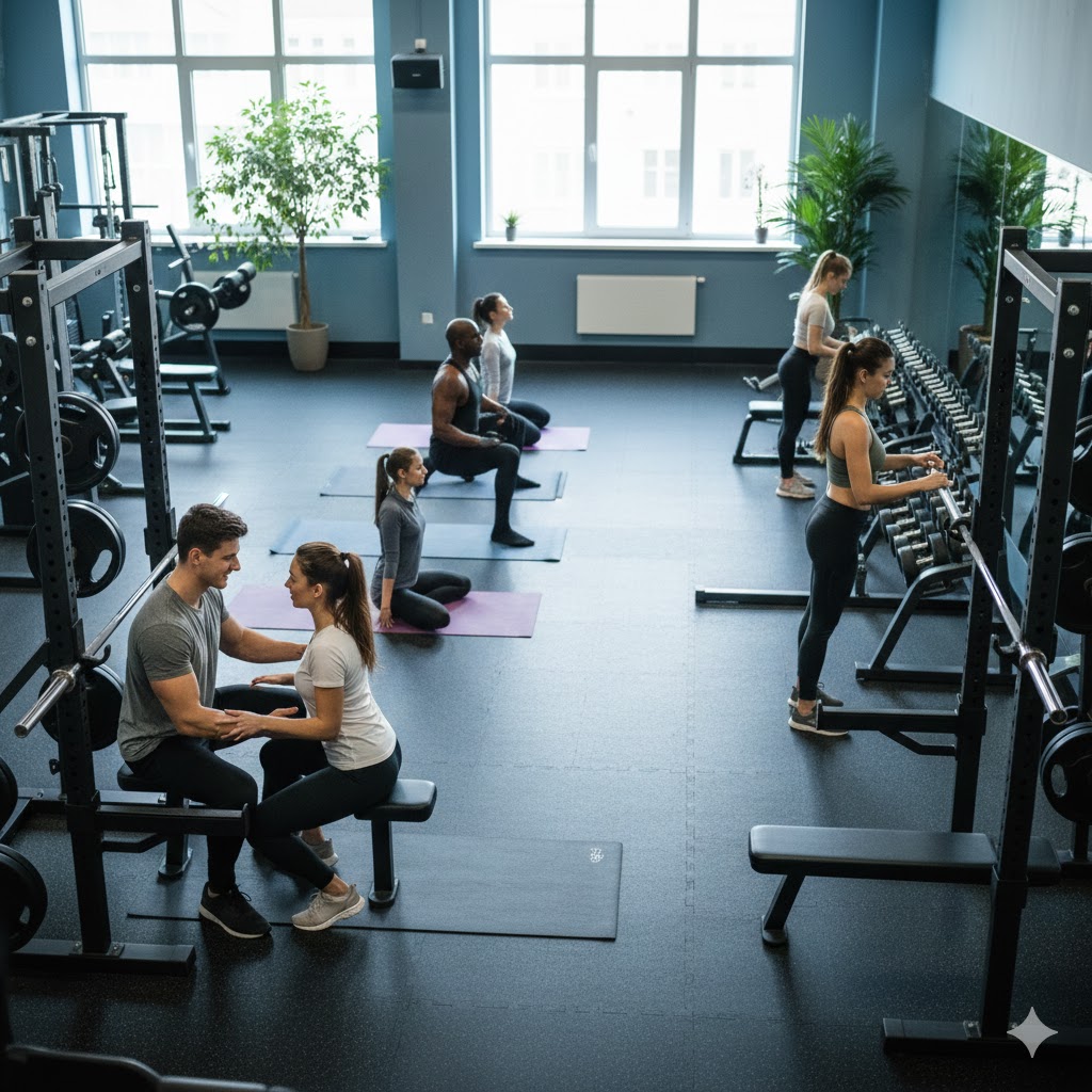 Personas entrenando en armonía y con respeto en el gimnasio