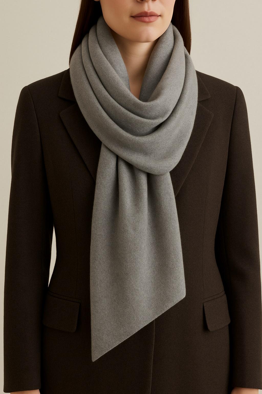 Resultado final del nudo drapeado en abrigo elegante