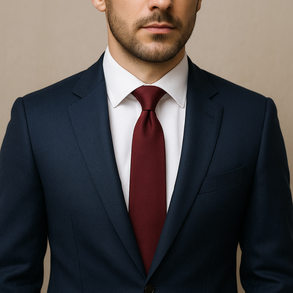 Traje azul oscuro con camisa blanca y corbata burdeos