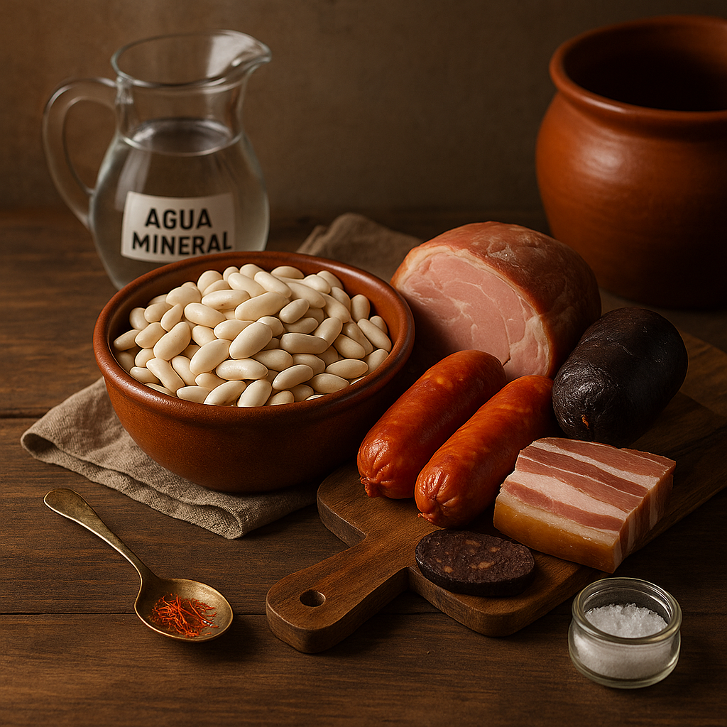 Ingredientes para fabada: fabes secas, lacón, chorizo, morcilla y tocino