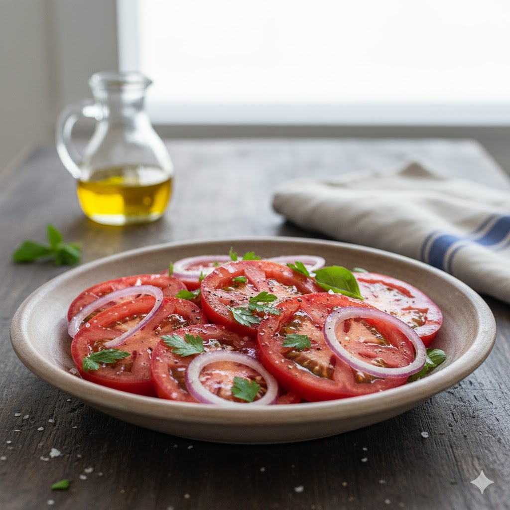 [translate:Ensalada de tomate y cebolla servida]