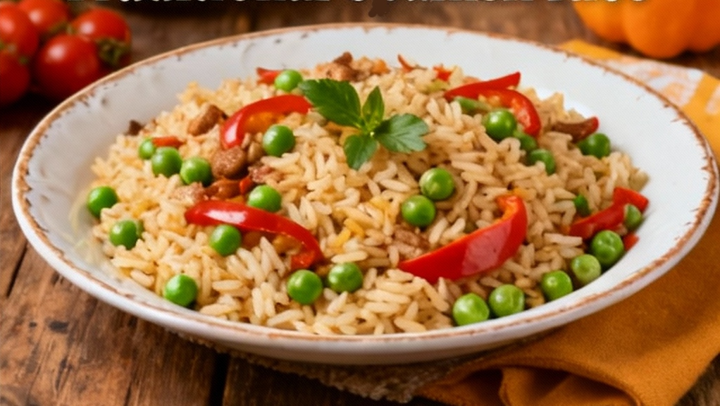 Arroz terminado con carne, guisantes y pimiento rojo