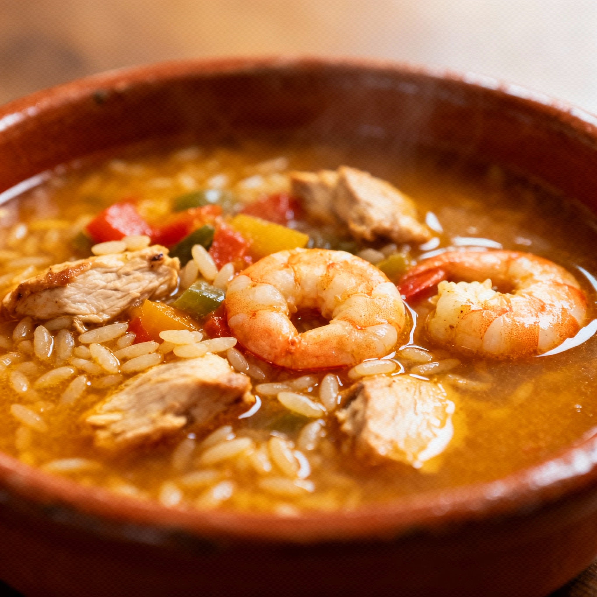 Arroz caldoso de mariscos y pollo servido en cazuela