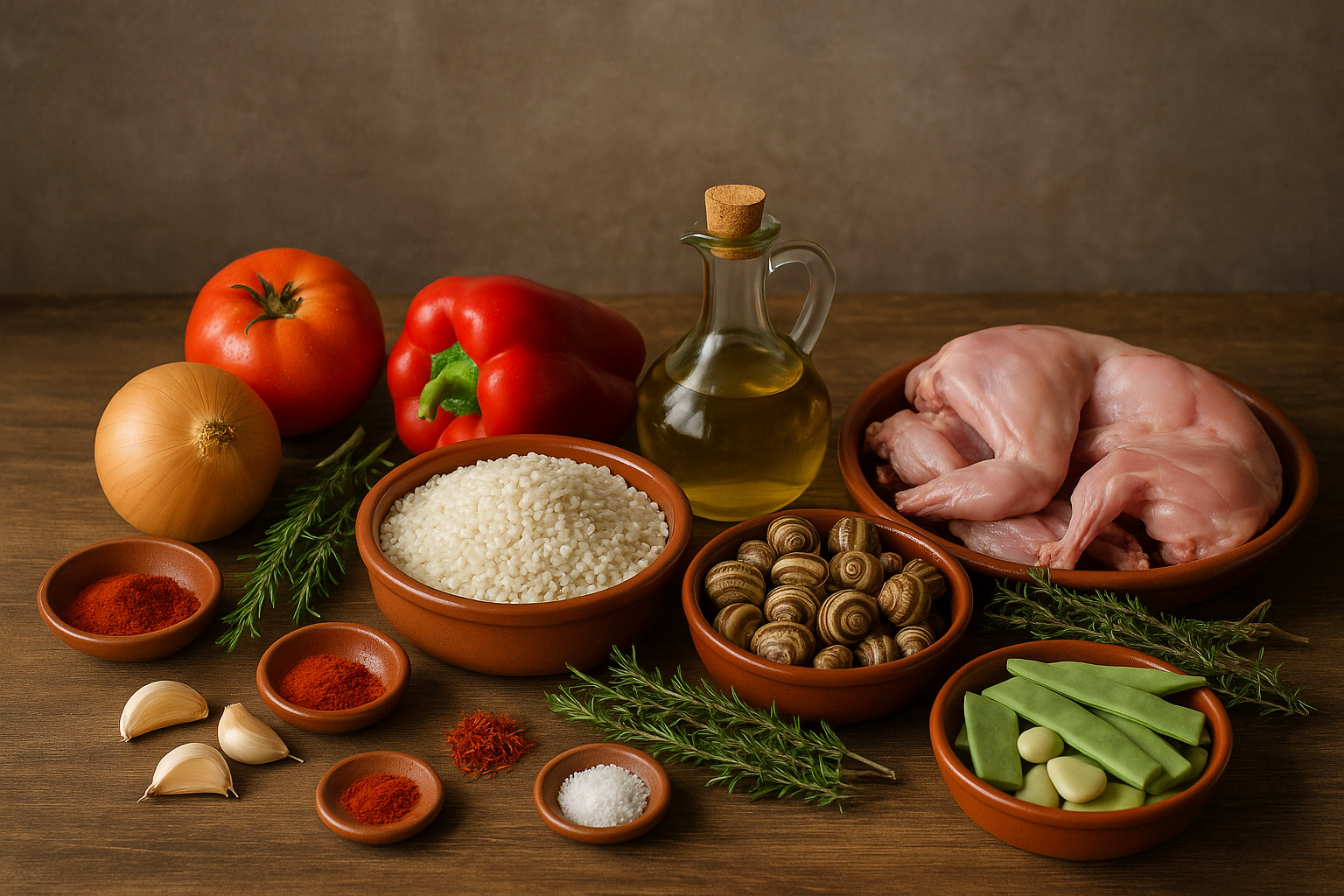Ingredientes para arroz con conejo y caracoles