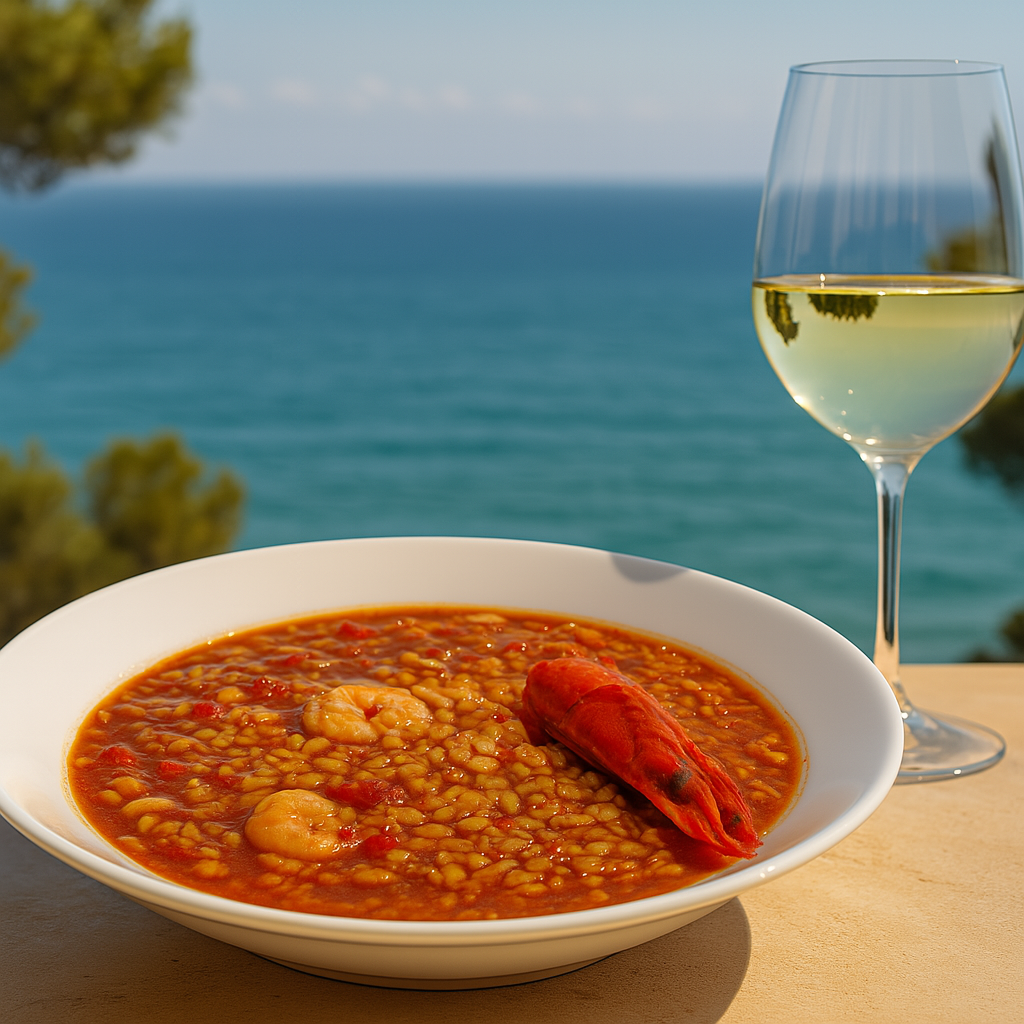 Paella de carabineros servida en un entorno soleado y cálido