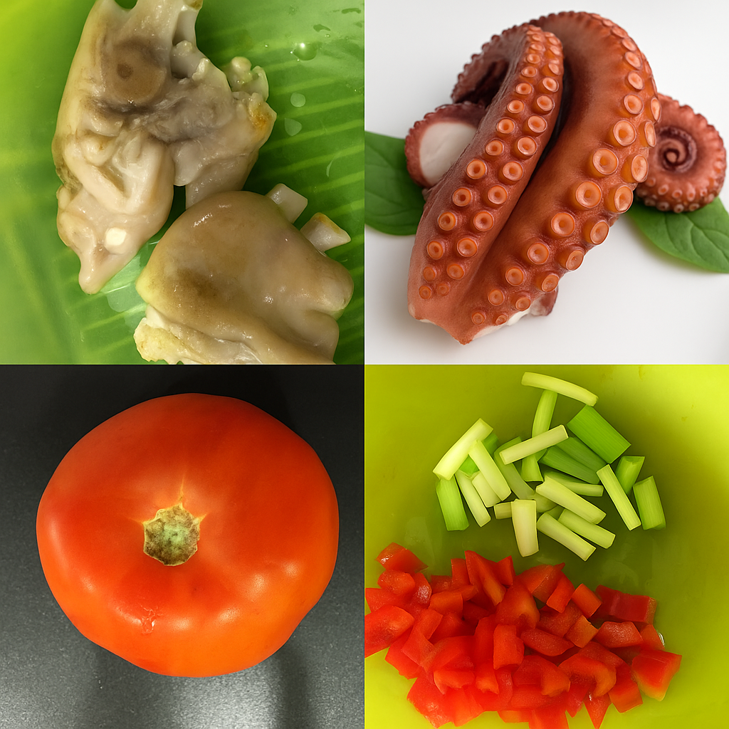 Ingredientes: manitas, pulpo, arroz, pimiento, tomate y ajos tiernos
