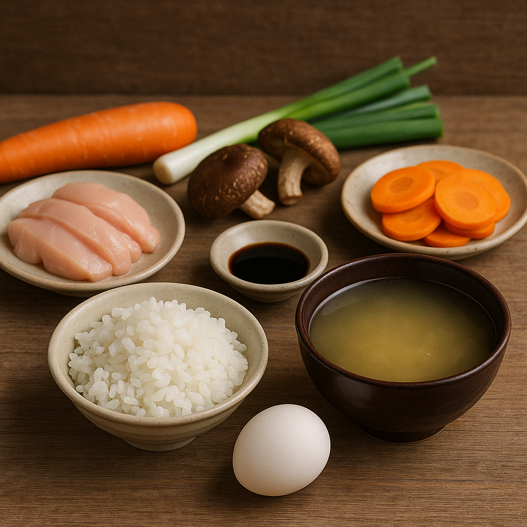Ingredientes: arroz, caldo, pollo, zanahoria, shiitake, huevo y cebolleta