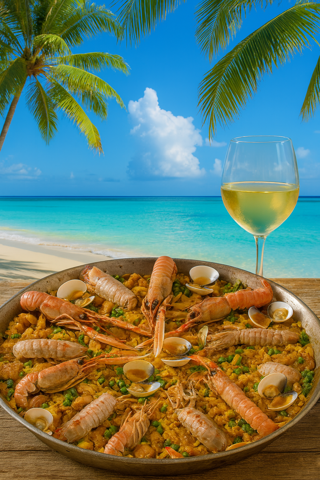 Paella de guisantes emplatada con pollo, blanquet y marisco