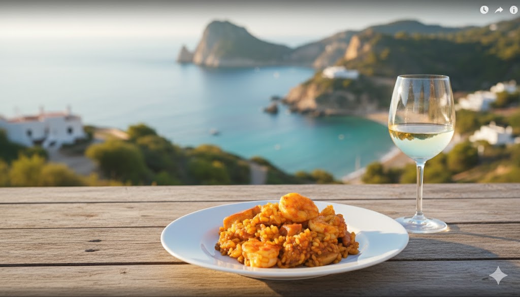 Paella servida con fondo de mar