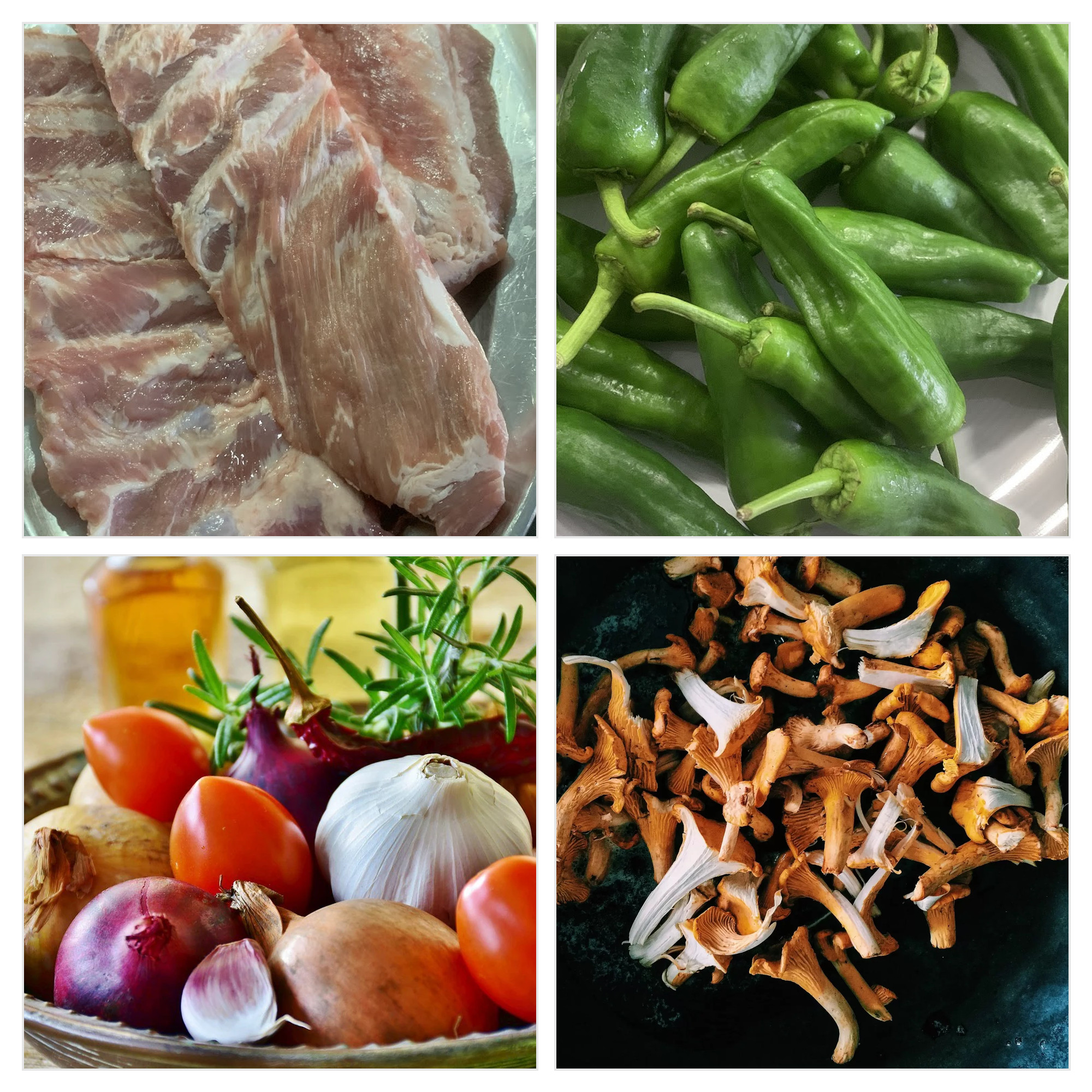 Collage de ingredientes: pulpo, pimientos, tomate y ajos tiernos